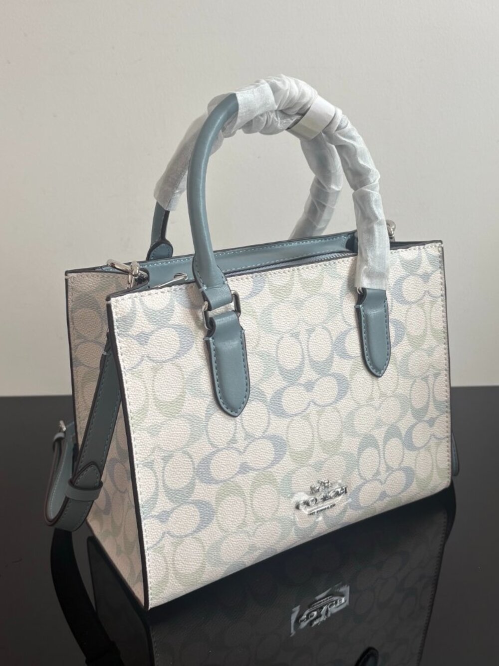 💧Coach White Pastel Logo Mini Tote Bag Light Blue Trim Crossbody